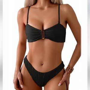 Fanuerg Black Ribbed Bikini Set